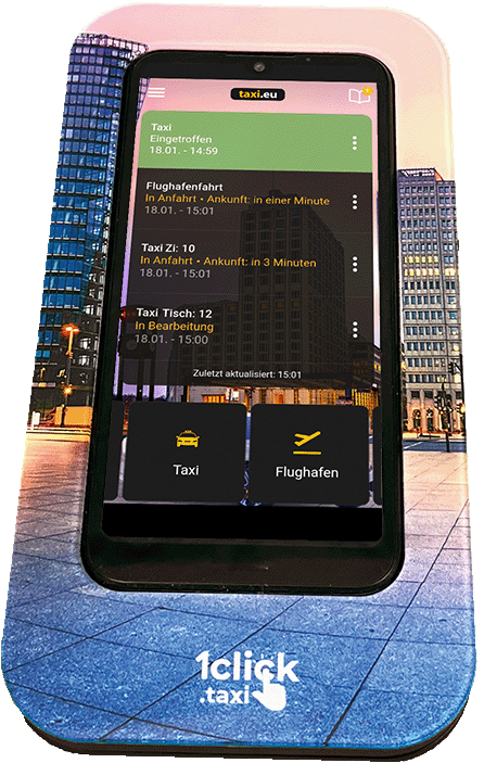 1click.taxi Serviceterminal mit Bestell-Buttons für Taxi und Flughafen